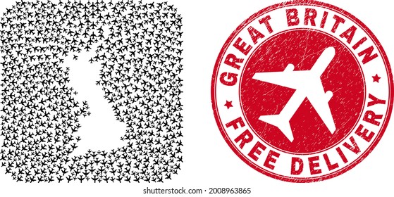 Vector collage Great Britain map of aircraft items and grunge Free Delivery badge.