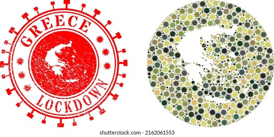 Vector collage Greece map of flu virus items and grunge LOCKDOWN badge. Mosaic geographic Greece map created as stencil from circle with flu virus elements in khaki army color hues.