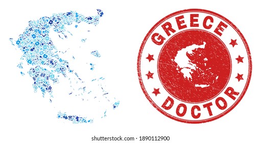Vector collage Greece map with vaccination icons, test symbols, and grunge doctor imprint. Red round watermark with grunge rubber texture and Greece map word and map.