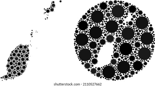 Vector collage Grenada map of covid elements. Mosaic geographic Grenada map designed as carved shape from round shape with covid virus elements in black colors. Abstraction for quarantine posters.