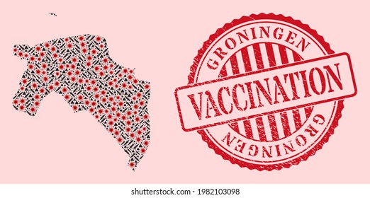 Vector collage Groningen Province map of corona virus, vaccination icons, and red grunge vaccine seal. Virus cells and vaccine needles inside Groningen Province map.