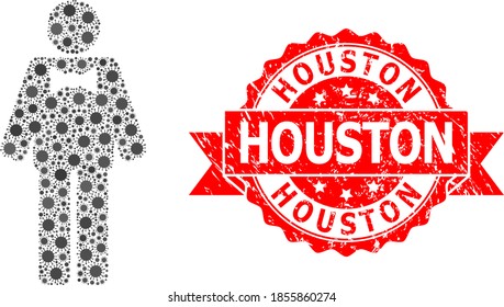 Vector collage groom of covid-2019 virus, and Houston scratched ribbon stamp. Virus particles inside groom collage. Red stamp seal includes Houston text inside ribbon.