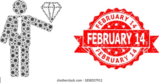 Vector collage groom diamond of SARS virus, and February 14 dirty ribbon stamp seal. Virus cells inside groom diamond collage. Red stamp seal has February 14 tag inside ribbon.