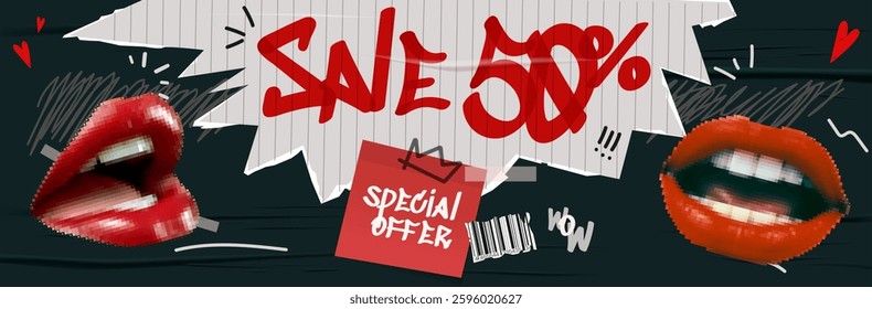 Vector collage grunge banner. 3d Loudspeaker announcing crazy promotions. Doodle elements on retro poster. Stylish modern advertising poster design with space for text.
