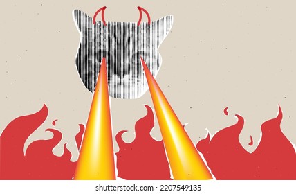 Vector Collage Grunge Banner. Devil Cat With Paper And Doodle Element. With Laser Fire Eyes 