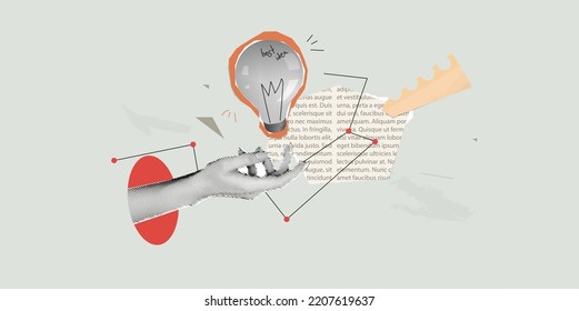 Vector collage grunge banner. A hand cut out of paper holds a light bulb that symbolizes an idea. Clippings from a magazine with text. Doodle elements on retro poster.   - Shutterstock ID 2207619637