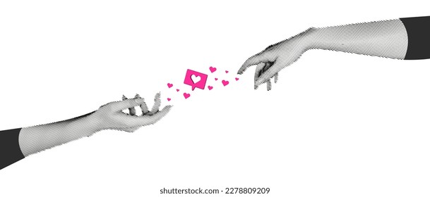 Vector collage grunge banner. The long distance relationship. Two hands in halftone style. f Doodle elements on retro poster. 