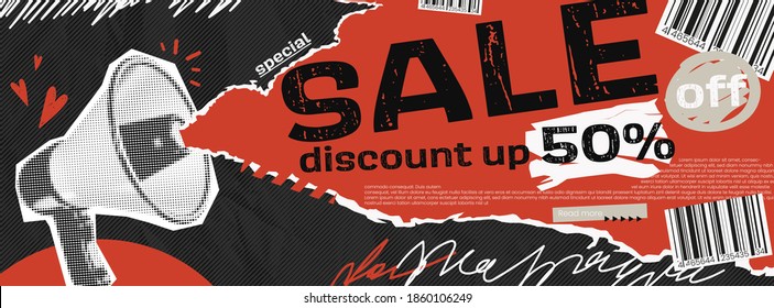 Vector collage grunge banner. Loudspeaker announcing crazy promotions. Doodle elements on retro poster. Stylish modern advertising poster design with red and black and white elements.