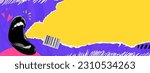 Vector collage grunge banner. Mouth announcing crazy promotions. Doodle elements on retro poster. Stylish modern advertising poster design with space for text.