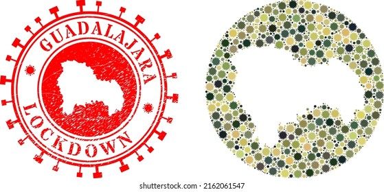 Vector collage Guadalajara Province map of covid virus items and grunge LOCKDOWN stamp.