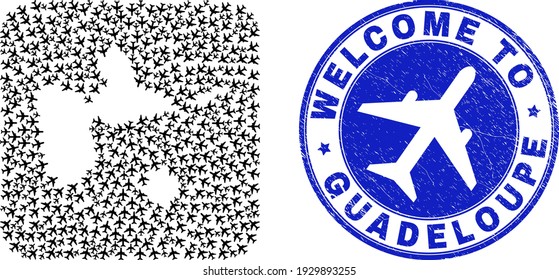 Vector collage Guadeloupe map of airlines items and grunge Welcome stamp. Collage geographic Guadeloupe map designed as hole from rounded square with air trips.