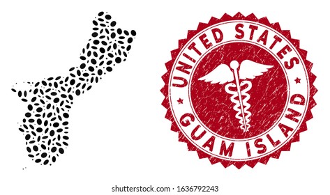 Vector collage Guam Island map and red rounded rubber stamp seal with serpents sign. Guam Island map collage designed with oval items. Red rounded medical stamp, with distress texture.