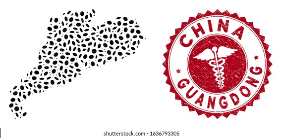 Vector collage Guangdong Province map and red round grunge stamp seal with clinic symbol. Guangdong Province map collage composed with oval spots. Red round healthcare seal, with grunge texture.