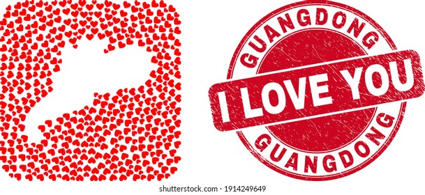 Vector collage Guangdong Province map of love heart elements and grunge love badge. Collage geographic Guangdong Province map designed as hole from rounded square with love hearts.