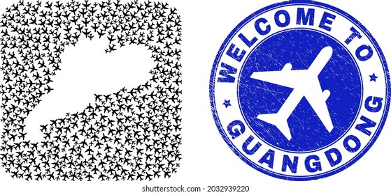 Vector collage Guangdong Province map of elements and grunge Welcome stamp. Collage geographic Guangdong Province map constructed as subtraction from rounded square shape with air planes.