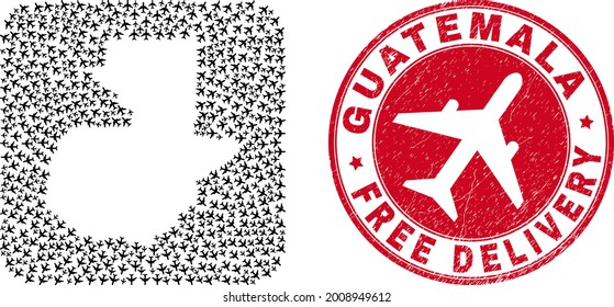 Vector collage Guatemala map of air force items and grunge Free Delivery seal stamp. Mosaic geographic Guatemala map designed as carved shape from rounded square shape with flying away aviation items.