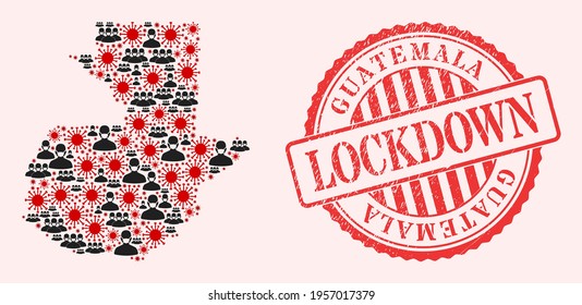 Vector collage Guatemala map of covid-2019 virus, masked men and red grunge lockdown seal stamp. Virus particles and men in masks inside Guatemala map.