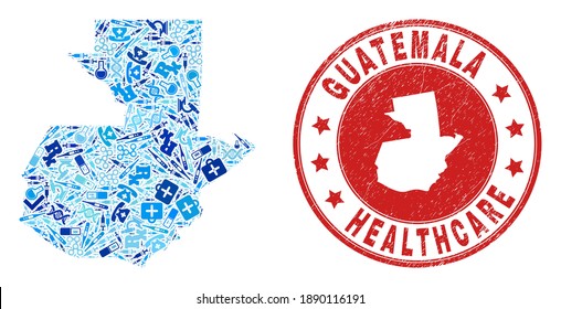 Vector collage Guatemala map with vaccine icons, labs symbols, and grunge healthcare seal stamp. Red round stamp with grunge rubber texture and Guatemala map caption and map.