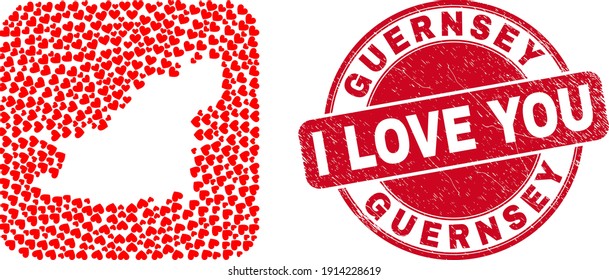 Vektor sammelt Guernsey Island Karte von hübschen Herzstücken und grunge Liebe Robbe Stempel. Mosaik geographische Guernsey Island Karte, die als Schablone aus abgerundeter quadratischer Form mit Liebesherzen entworfen wurde.