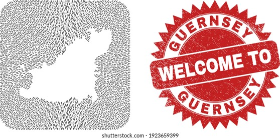 Collage vectorial de la isla de Guernsey mapa de flechas de puntero y sello de bienvenida raspado. Mapa geográfico de la isla de Guernsey de color construido en forma tallada a partir de forma cuadrada redondeada con flechas de dirección.