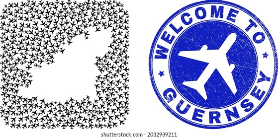 Vector collage Guernsey Island map of air shipping elements and grunge Welcome seal stamp. Mosaic geographic Guernsey Island map created as carved shape from rounded square shape using sky jets.
