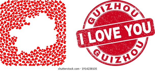 Vector collage Guizhou Province map of love heart elements and grunge love stamp. Mosaic geographic Guizhou Province map designed as stencil from rounded square using love hearts.