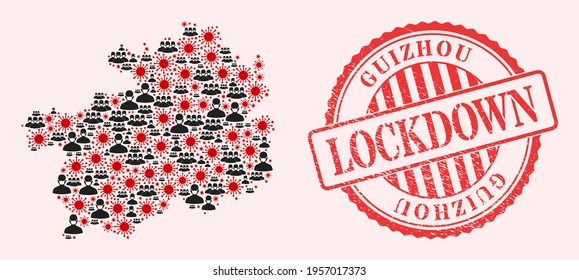 Vector collage Guizhou Province map of flu virus, masked men and red grunge lockdown seal stamp. Virus elements and men in masks inside Guizhou Province map.
