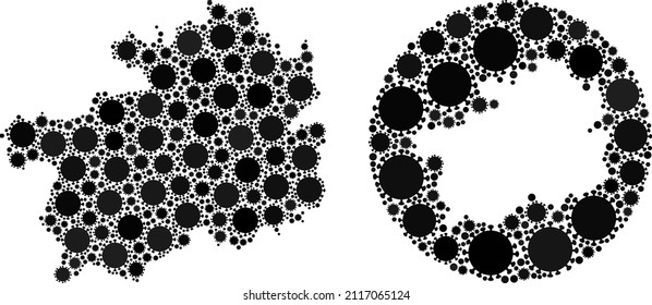 Vector collage Guizhou Province map of covid virus items. Mosaic geographic Guizhou Province map created as carved shape from circle with covid-2019 items in black color hues.