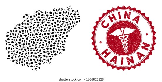Vector collage Hainan Island map and red rounded grunge stamp seal with healthcare symbol. Hainan Island map collage composed with oval elements. Red rounded medic seal, with grunge texture.