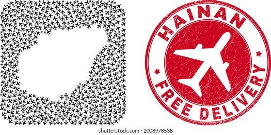 Vector collage Hainan map of air plane items and grunge Free Delivery seal. Mosaic geographic Hainan map designed as carved shape from rounded square with flying out air force symbols.