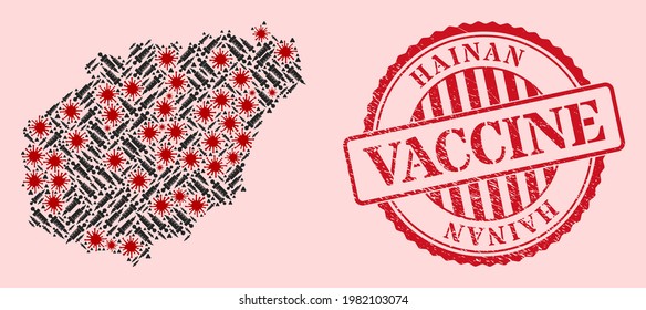 Vector collage Hainan map of flu virus, inoculation icons, and red grunge vaccine seal stamp. Virus items and treatment particles inside Hainan map.