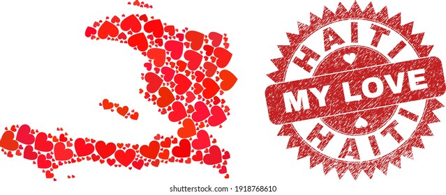Vector collage Haiti map of valentine heart elements and grunge My Love seal stamp. Collage geographic Haiti map created using lovely hearts.