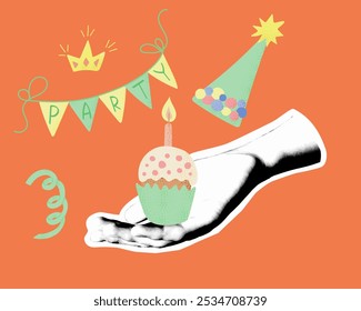 Vector collage with halftone hand holding birthday cupcake with candle and bonnet on orange background. Mix media composition with flat textured illustrations