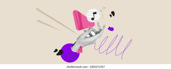Vector collage with hand holder play music and notes paper grunge banner. Pop art composition with sound and line for quote. Halftone dj element for club party poster - Shutterstock ID 2205271357
