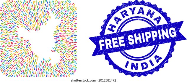 Vector collage Haryana State map of delivery arrows and rubber Free Shipping stamp. Collage Haryana State map created as carved shape from rounded square with direction arrows.