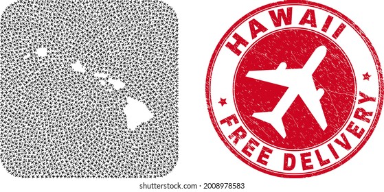 Vector collage Hawaii State map of aeroplane elements and grunge Free Delivery seal. Collage geographic Hawaii State map designed as carved shape from rounded square with flying out airplanes.