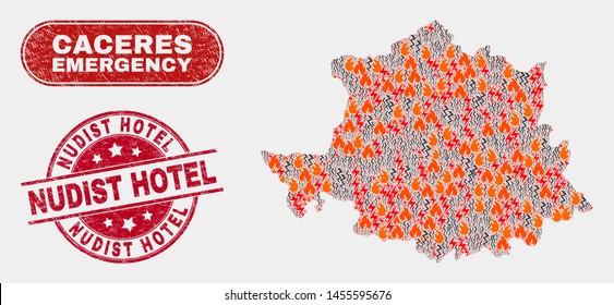 Vector collage of hazard Caceres Province map and red round textured Nudist Hotel watermark. Emergency Caceres Province map mosaic of burning, energy hazard items.