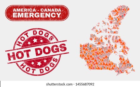 Vector collage of hazard Canada v2 map and red round grunge Hot Dogs stamp. Emergency Canada v2 map mosaic of fire, power hazard items. Vector collage for emergency services, and Hot Dogs stamp.