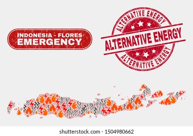 Vector collage of hazard Flores Islands of Indonesia map and red round textured Alternative Energy seal. Emergency Flores Islands of Indonesia map mosaic of fire, power hazard elements.