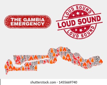 Vector collage of hazard the Gambia map and red rounded scratched Loud Sound seal stamp. Emergency the Gambia map mosaic of destruction, power shock symbols. Vector collage for emergency services,