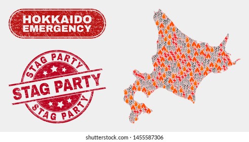 Vector collage of hazard Hokkaido map and red round textured Stag Party stamp. Emergency Hokkaido map mosaic of burning, energy hazard symbols. Vector combination for emergency services,