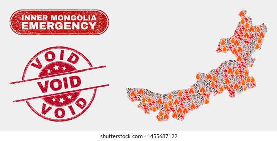 Vector collage of hazard Inner Mongolia map and red rounded distress Void seal stamp. Emergency Inner Mongolia map mosaic of wildfire, electric hazard elements. Vector collage for guard services,