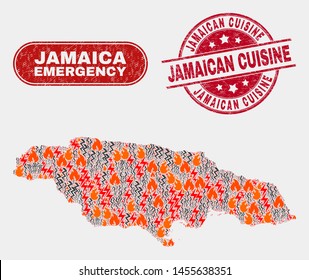 Vector collage of hazard Jamaica map and red round distress Jamaican Cuisine seal stamp. Emergency Jamaica map mosaic of destruction, electric hazard symbols. Vector collage for emergency services,