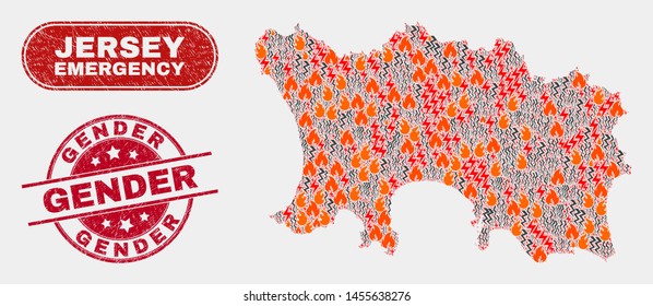Vector collage of hazard Jersey Island map and red round grunge Gender seal. Emergency Jersey Island map mosaic of fire, power lightning items. Vector collage for emergency services, and Gender seal.