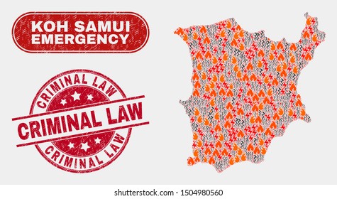 Vector collage of hazard Koh Samui map and red rounded scratched Criminal Law watermark. Emergency Koh Samui map mosaic of fire, energy hazard items. Vector combination for emergency services,