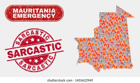 Vector collage of hazard Mauritania map and red round grunge Sarcastic stamp. Emergency Mauritania map mosaic of wildfire, electric hazard elements. Vector collage for insurance services,
