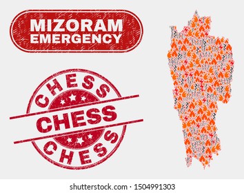 Vector collage of hazard Mizoram State map and red rounded textured Chess seal. Emergency Mizoram State map mosaic of fire, energy hazard items. Vector collage for guard services, and Chess overlay.