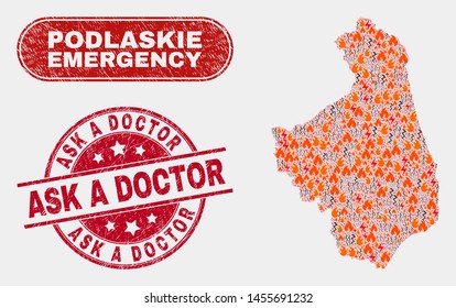Vector collage of hazard Podlaskie Voivodeship map and red round distress Ask a Doctor stamp. Emergency Podlaskie Voivodeship map mosaic of wildfire, energy hazard elements.