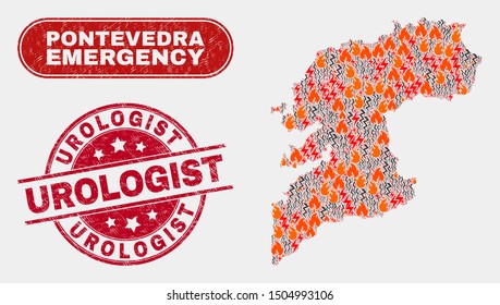 Vector collage of hazard Pontevedra Province map and red round grunge Urologist watermark. Emergency Pontevedra Province map mosaic of destruction, power hazard icons.