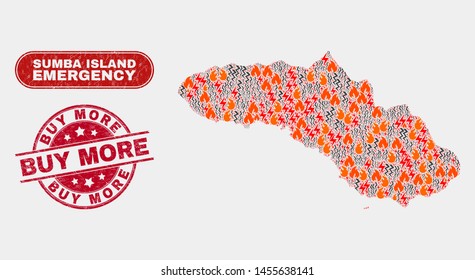 Vector collage of hazard Sumba Island map and red rounded grunge Buy More seal stamp. Emergency Sumba Island map mosaic of burning, energy strike elements. Vector collage for emergency services,